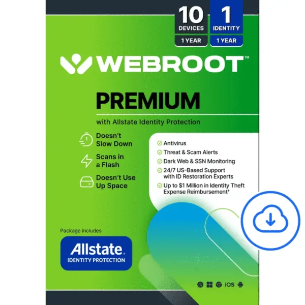 Webroot – Premium Antivirus Protection (10 Device) with Allstate Identity Protection